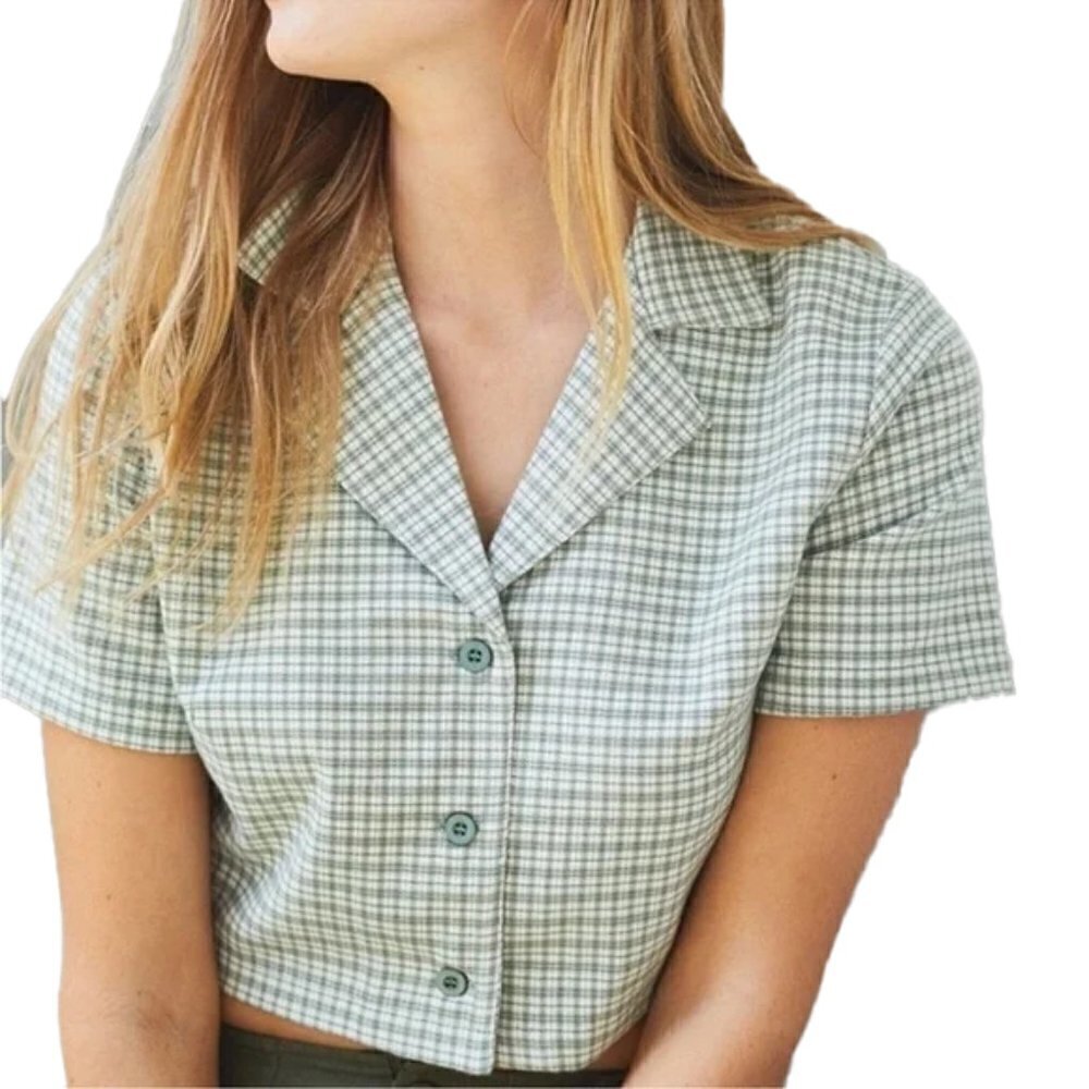 ❤️ 🆕 SHEIN green Gingham button down crop Top SIZE XS